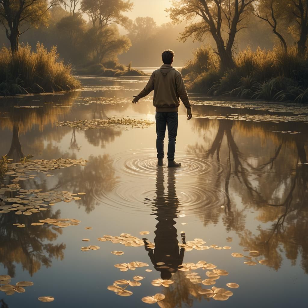 Man in Pond Reaching for Sky in Digital Painting