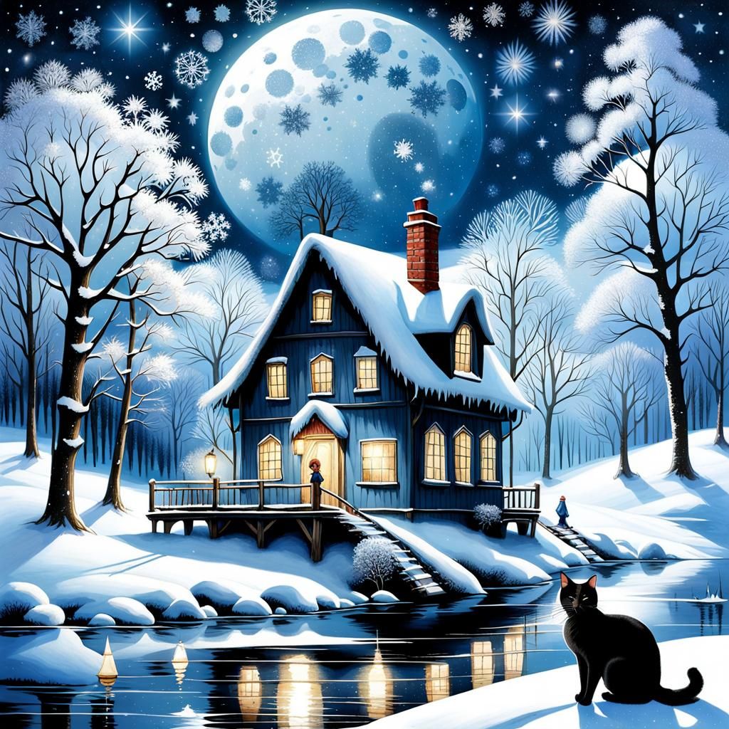 Icy Winter Riverscape with Starry Sky, Cosy Nocturnal Scene