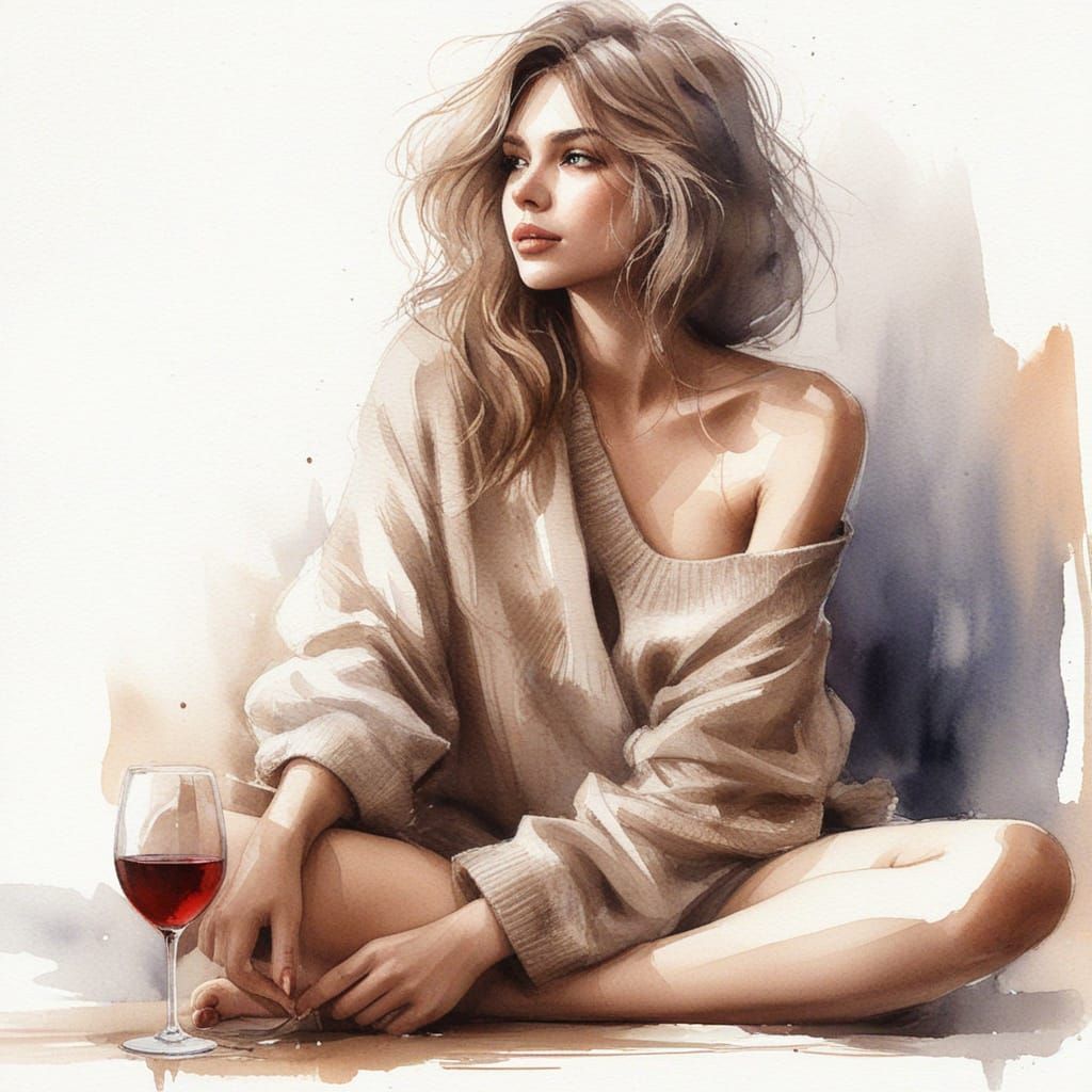 Young Woman with Wine Glass in Watercolor Sketch