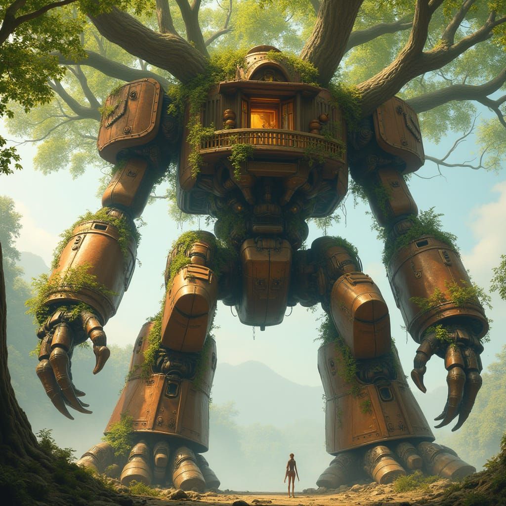 Biomechanical Tree Entity in Steampunk Treehouse