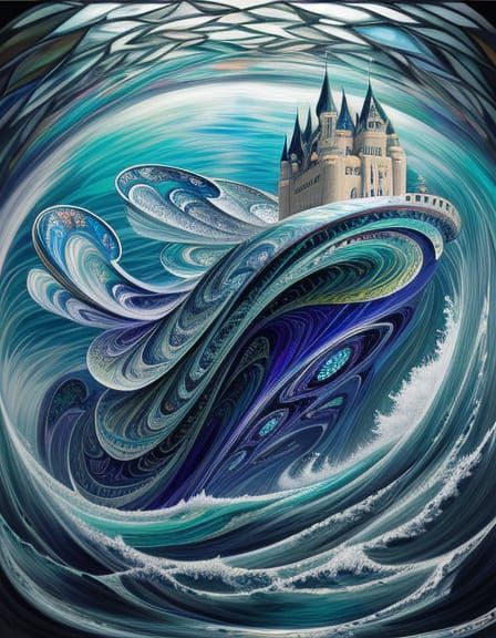 Kaleidoscopic Castle Emerging from Glass Ocean