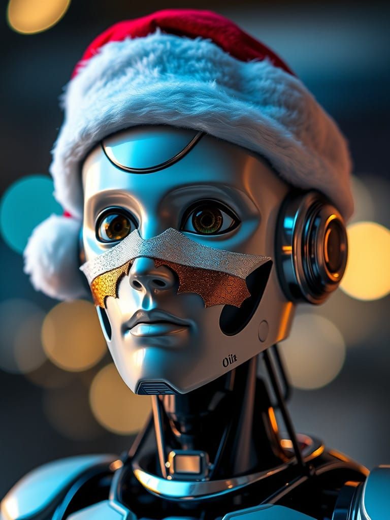 Android Robot Artist in Santa Hat Creates an Oil Glass Maste...