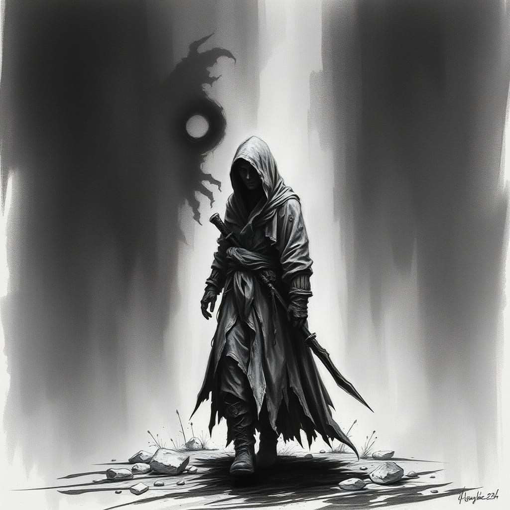 Mystical Cloaked Figure in Dark Charcoal Drawing