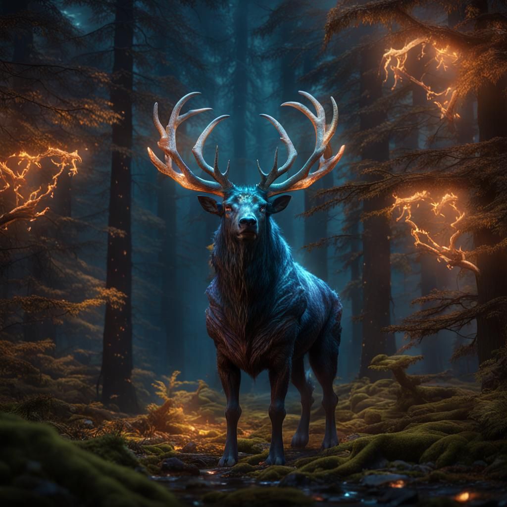Glowing Mythical Creature in Dark Forest, Hyperrealistic
