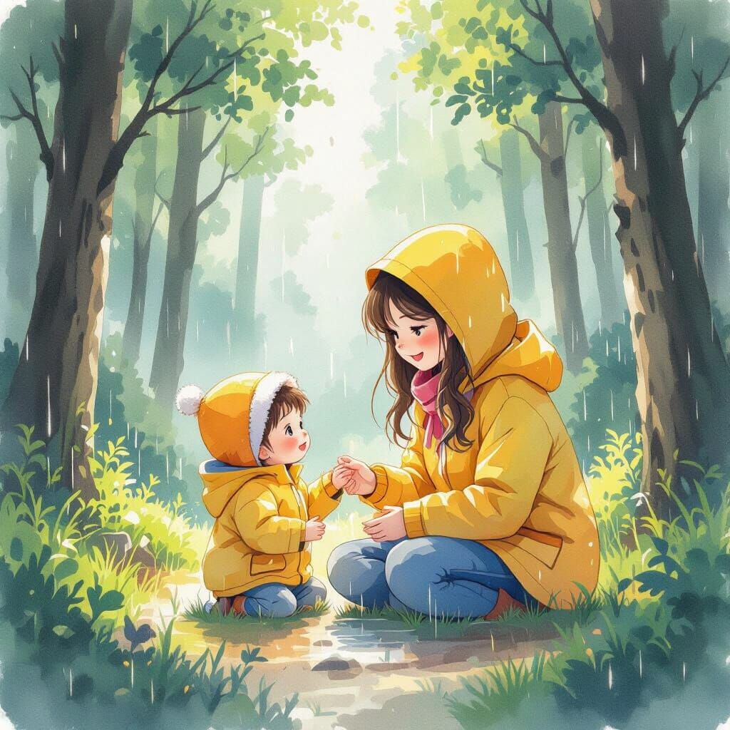 Mother and Baby Play in Misty Forest, Watercolor Style