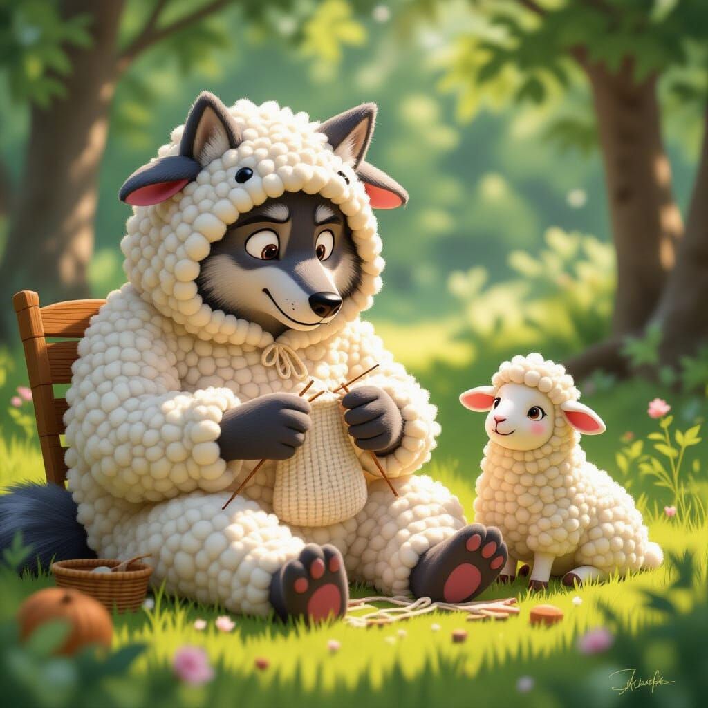 Wolf Knits Sheep Costume in Detailed Animated Style