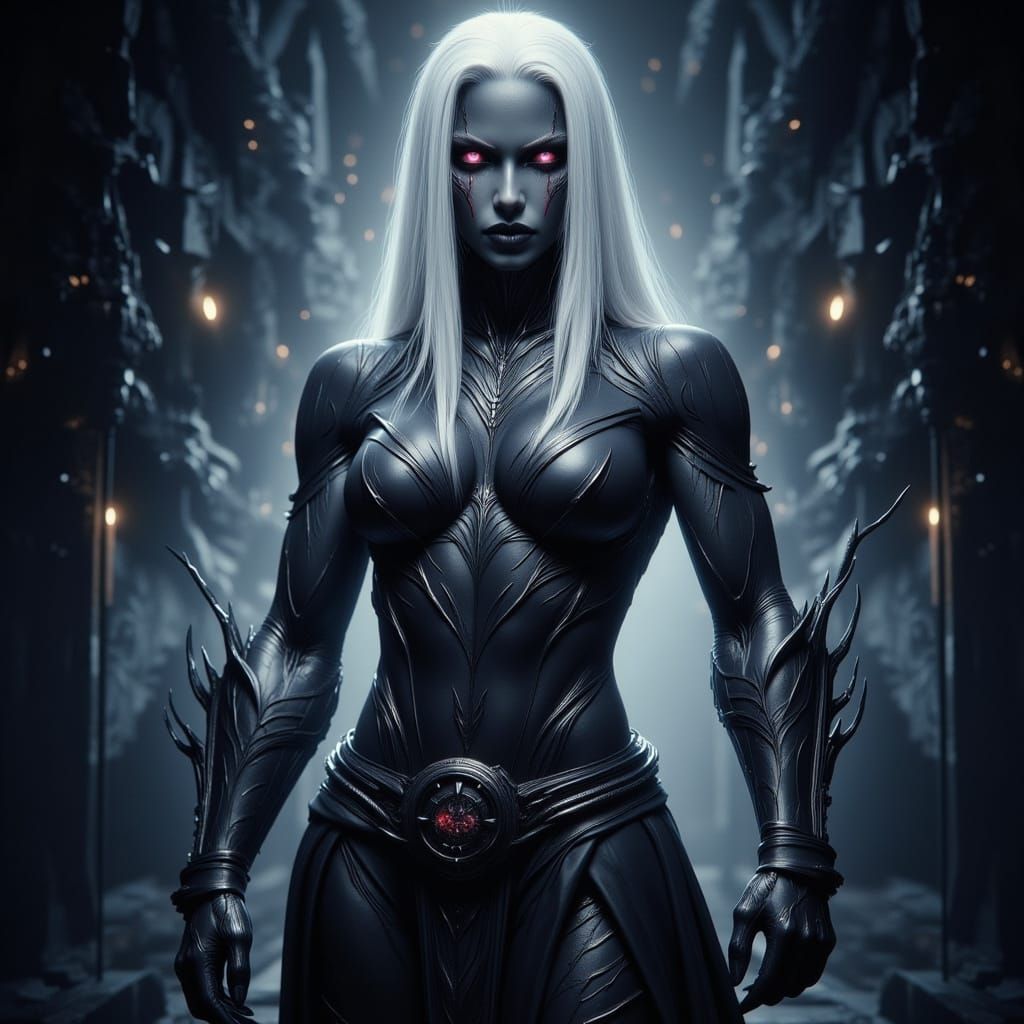 Muscle-Bound Drow Warrior with White Hair and Pink Eyes