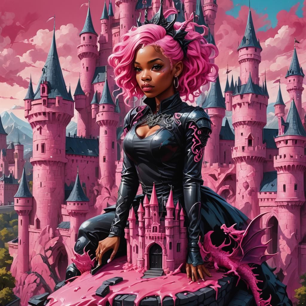 Black Queen on Dragon in Pink Castle Graffiti