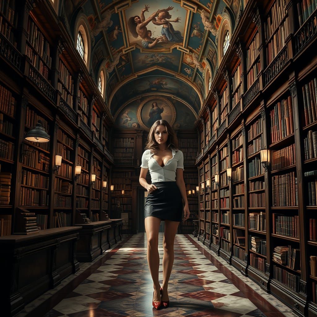 Surreal 17th Century Library in Warm, Golden Light