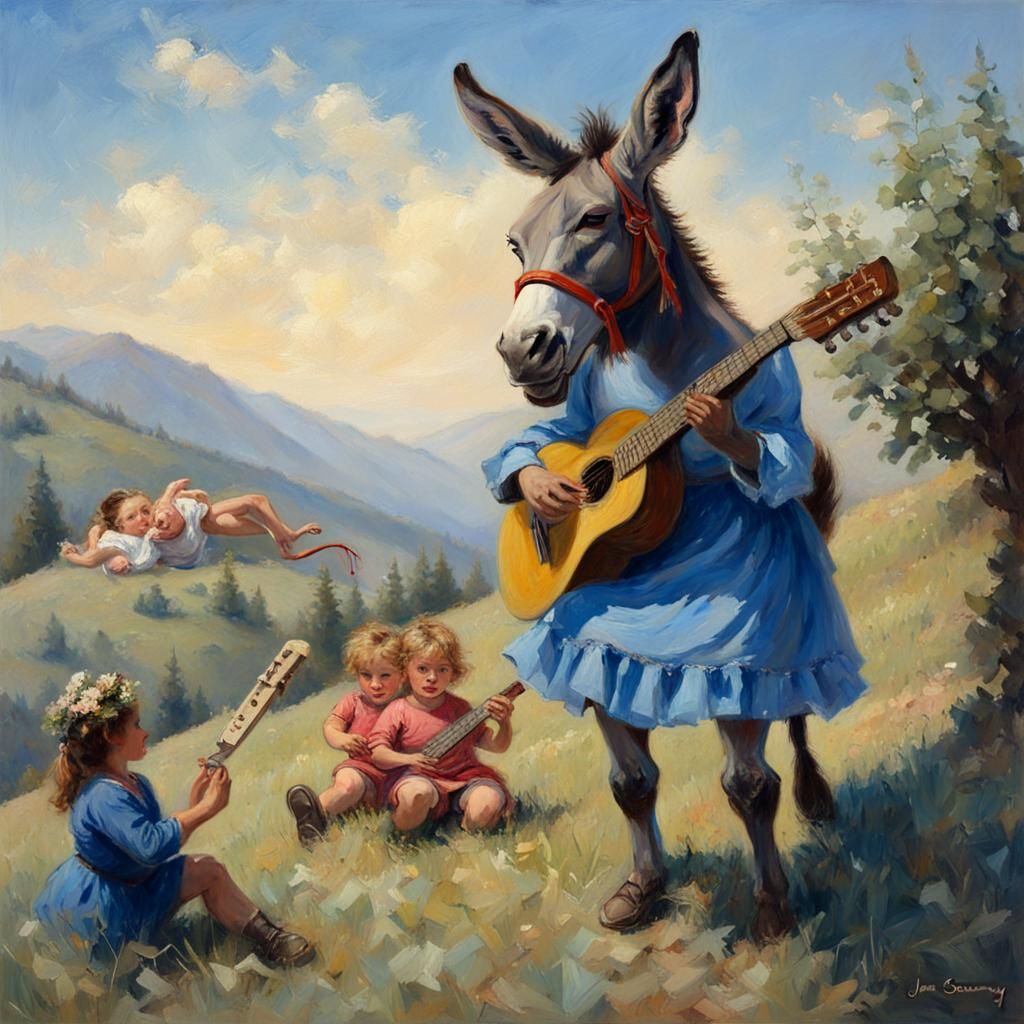 Donkey Plays Guitar on Swiss Hillside, Gurney Style
