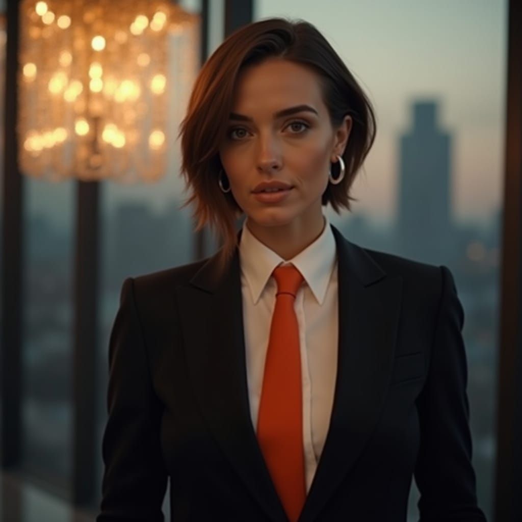 Confident Woman in Sharp Black Suit with Pop of Orange