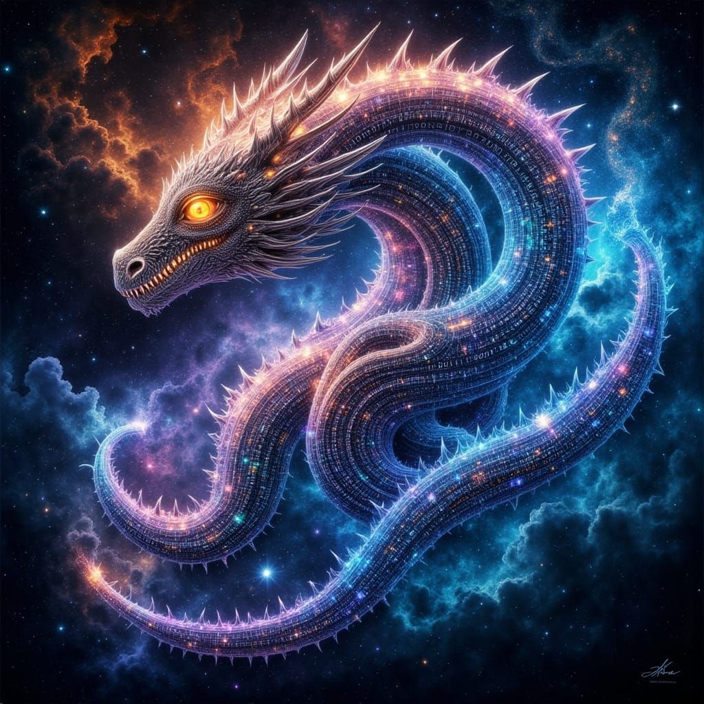 Binary Code Dragon Soars Through Cosmic Nebula