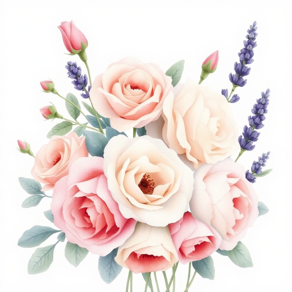 Watercolor Roses and Lavender Still Life