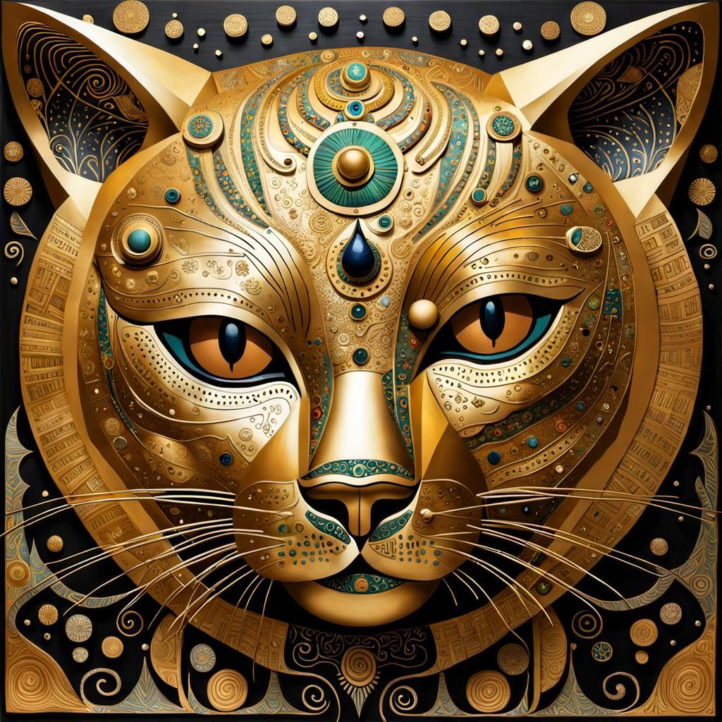 Whimsical Gold Cat Poster Art in Folk Art Style