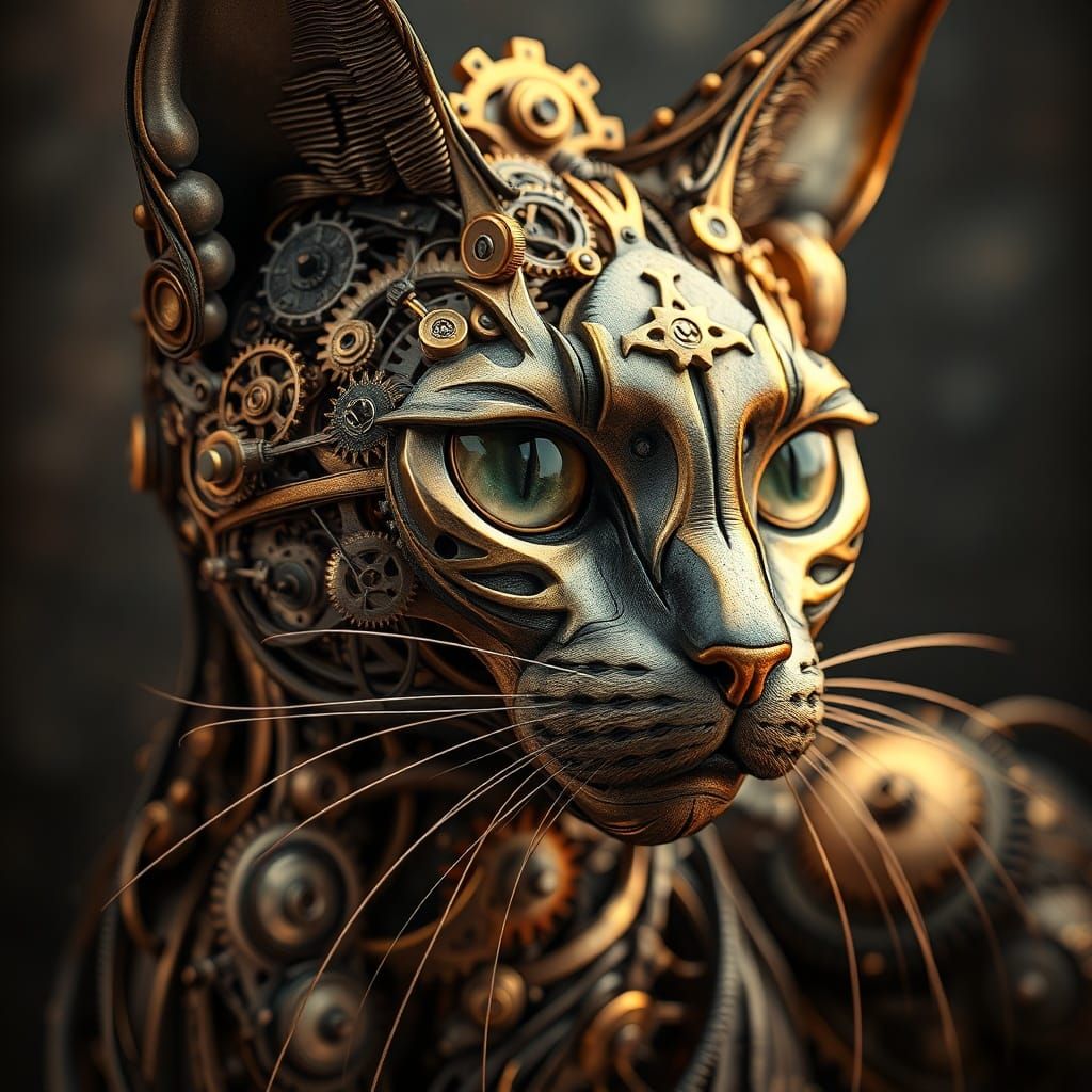 Clockwork Cat Portrait in Renaissance Digital Art Style