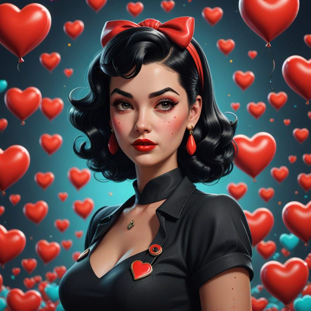 Pin up style gir, love hearts lade 50s black hair
