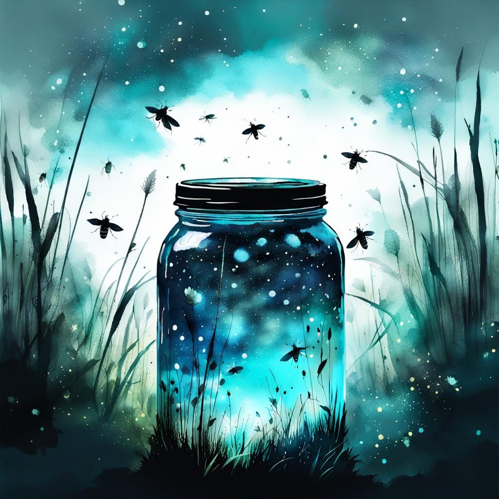Glowing Fireflies in a Jar: Watercolor Illustration