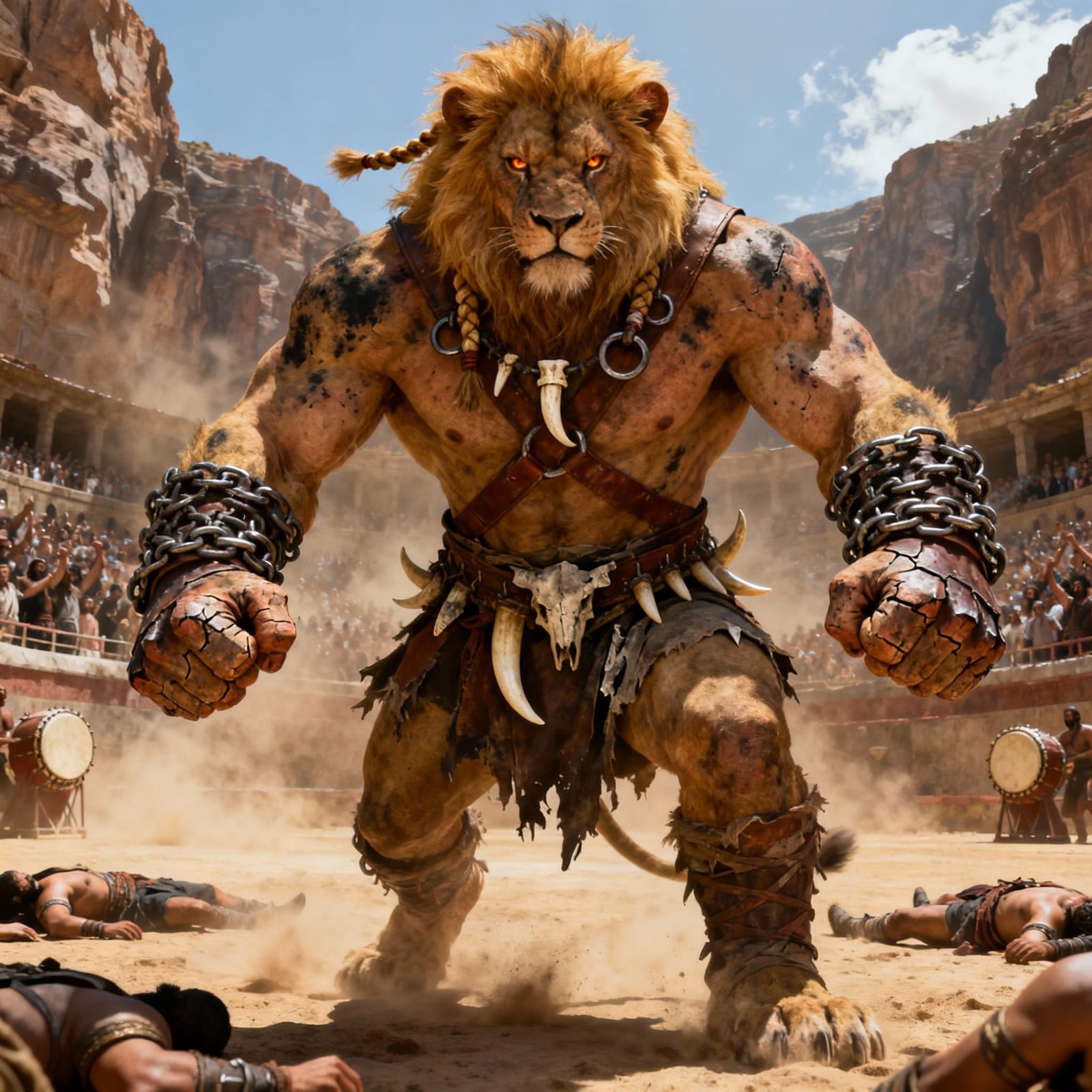Anthropomorphic Lion Brute Fighter in Primal Fantasy Style