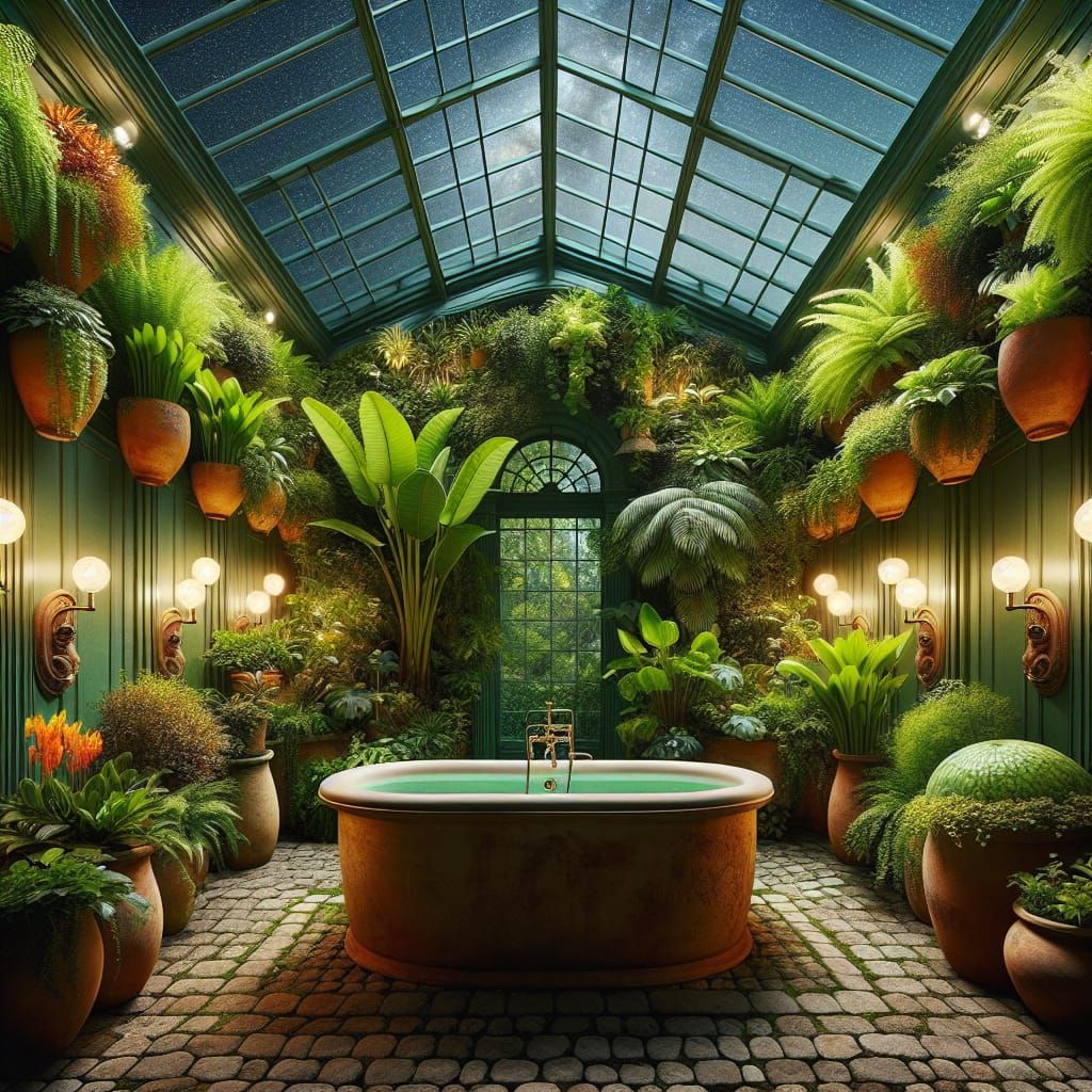 Tranquil Greenhouse Oasis with Bathtub at Night
