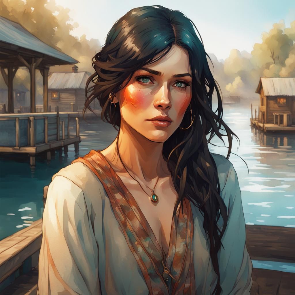 Watercolor Woman on Dock, Art Nouveau Style