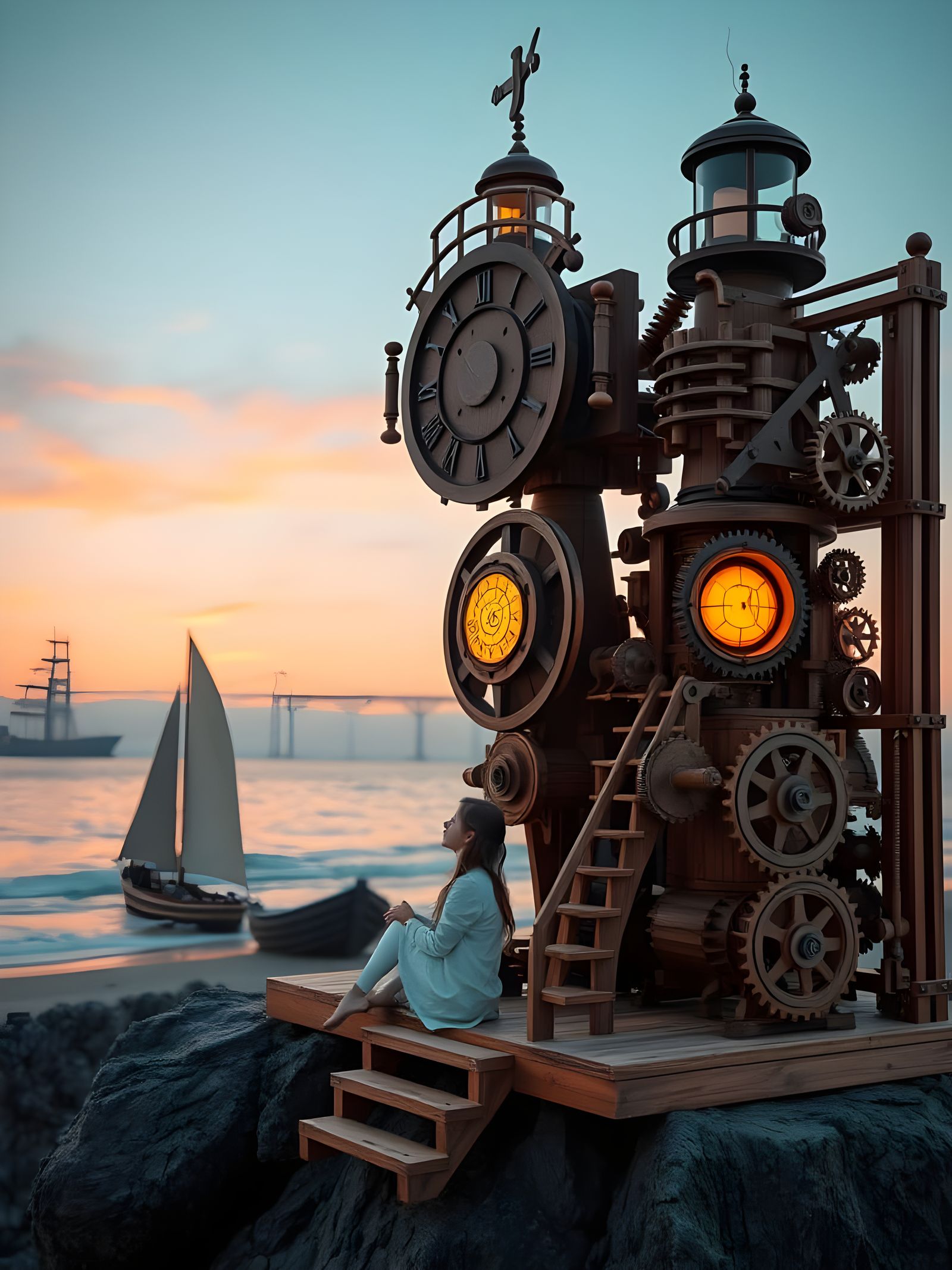 Gears and Beauty Unite in Steampunk Lighthouse Scene
