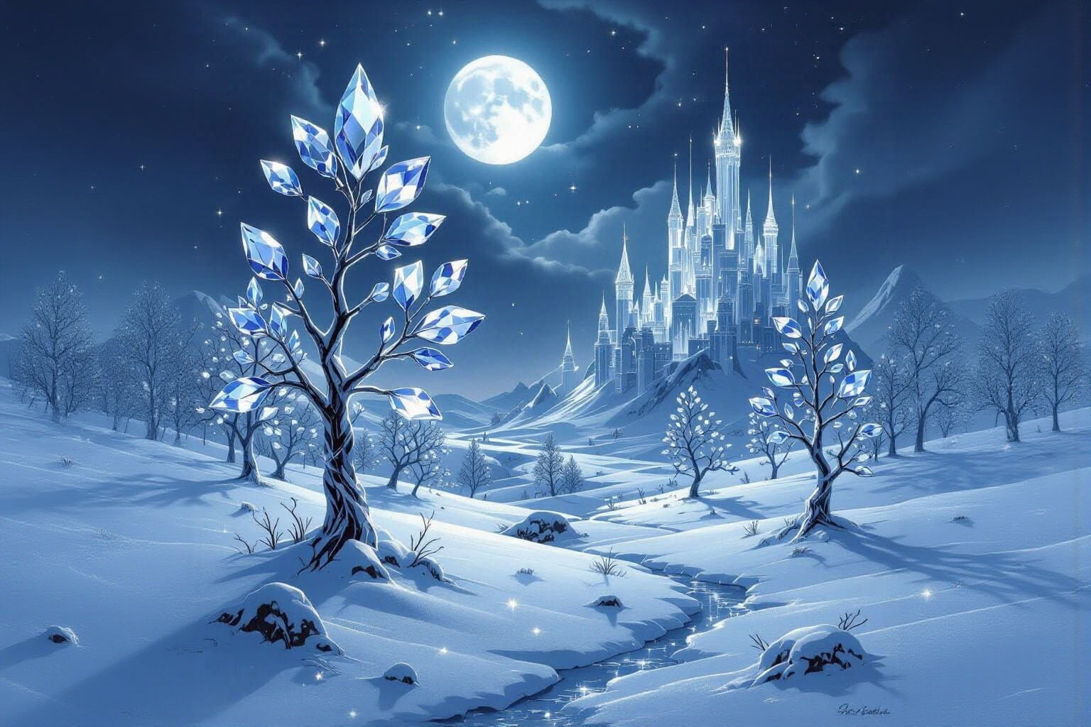Crystal Trees in Winter Moonlight, Blue and White