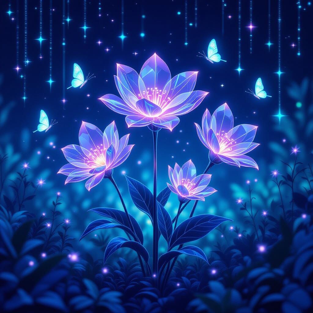 Luminous Flowers in a Bioluminescent Fantasy Scene
