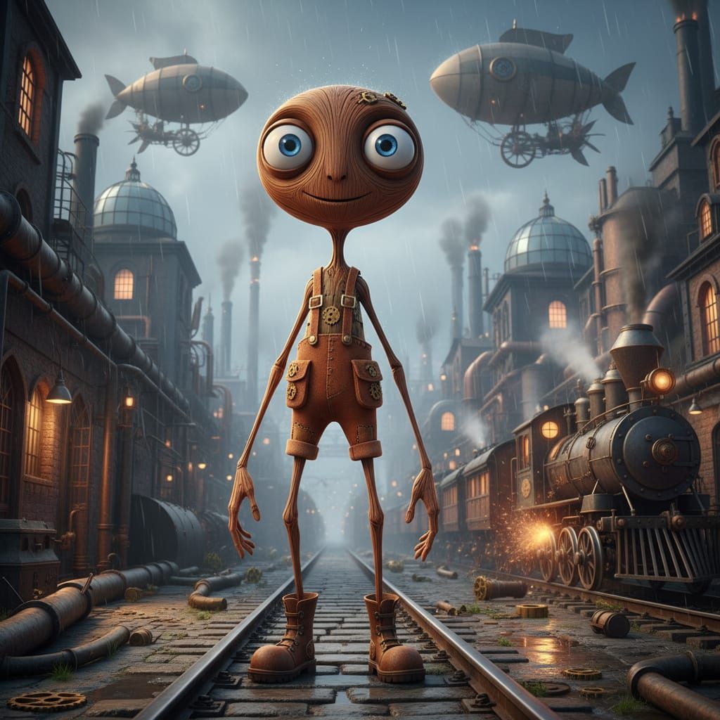 Whimsical Brown Humanoid Creature in Steampunk Fog