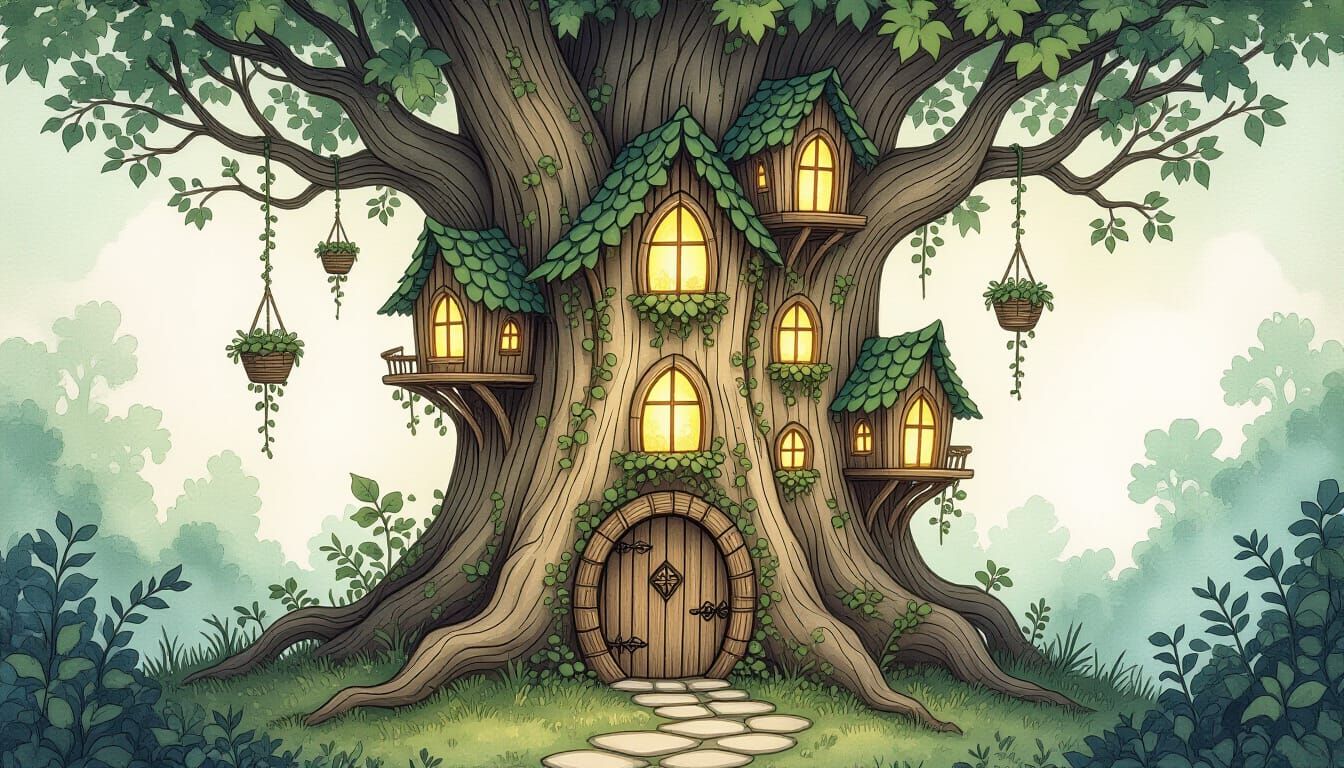 Fairy Metropolis in Ancient Tree Stump, Watercolor Style