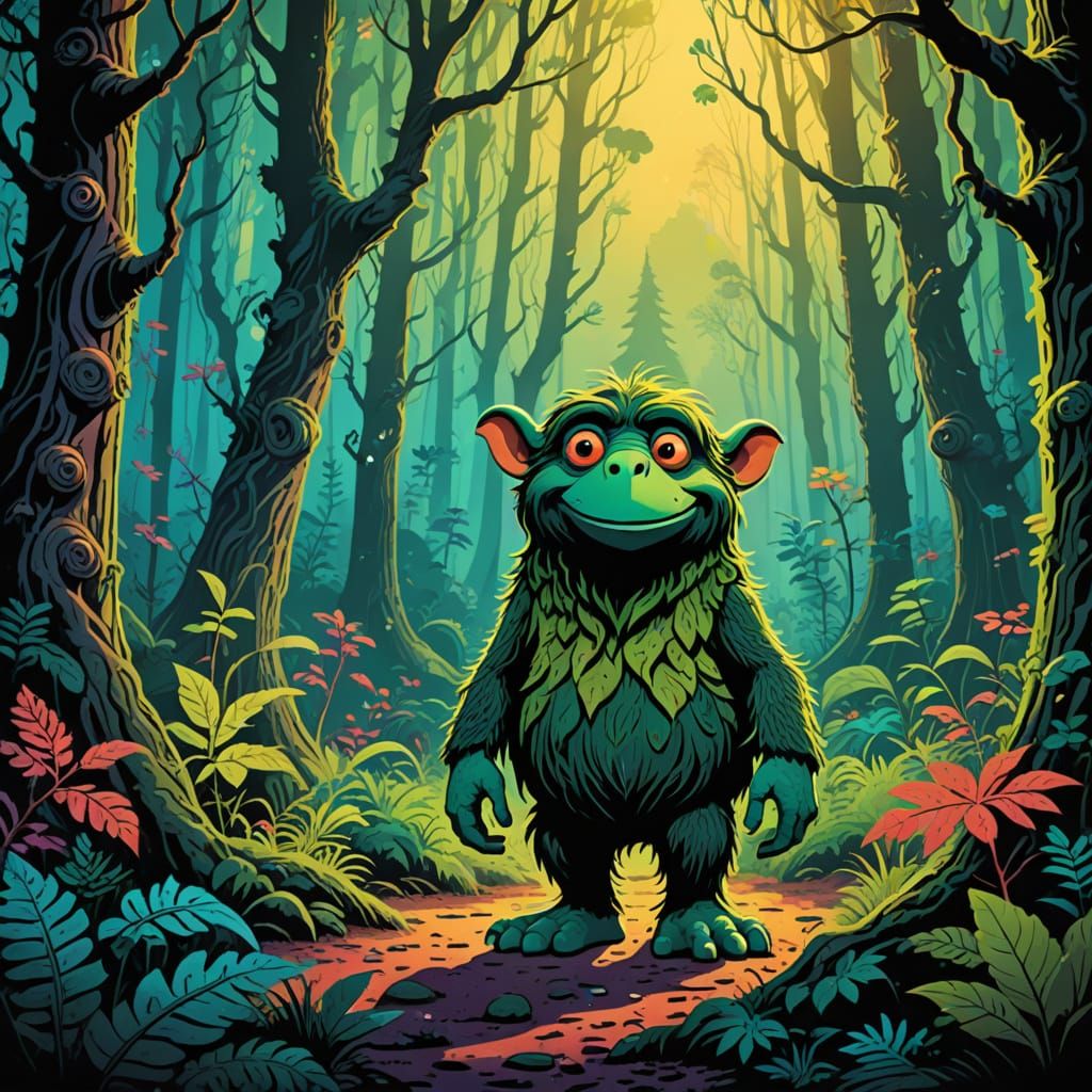 Whimsical Creature in Mystical Forest: 1980s Poster Art