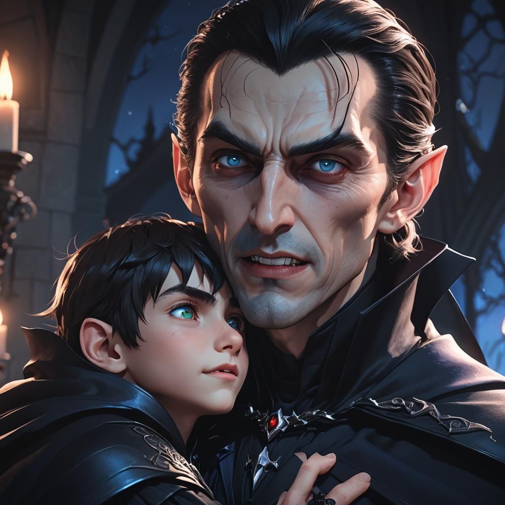 Dracula and Son Embrace: Vibrant Anime Portrait