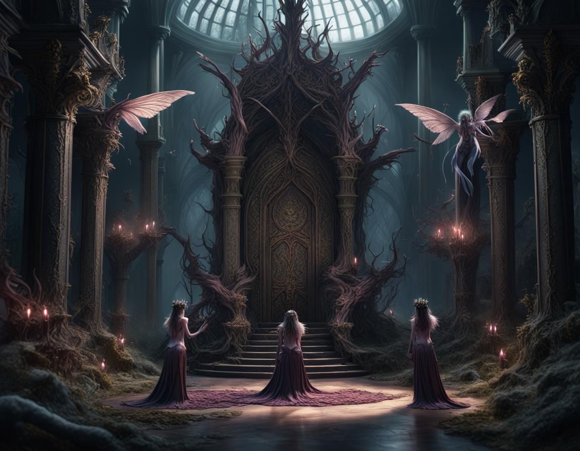 Dark fairies in front of the throne of queen Mab
