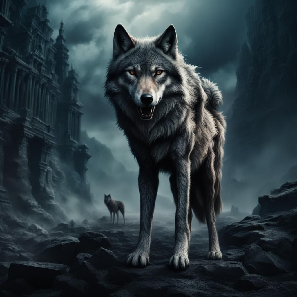 Two Wolves In A Sinister Background