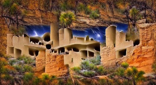 Desert Cliff Dwellings in Vintage Painting Style