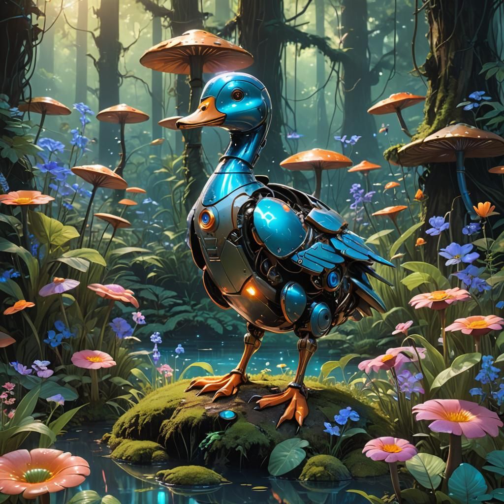 Robot Duck in Fantastical Forest Concept Art