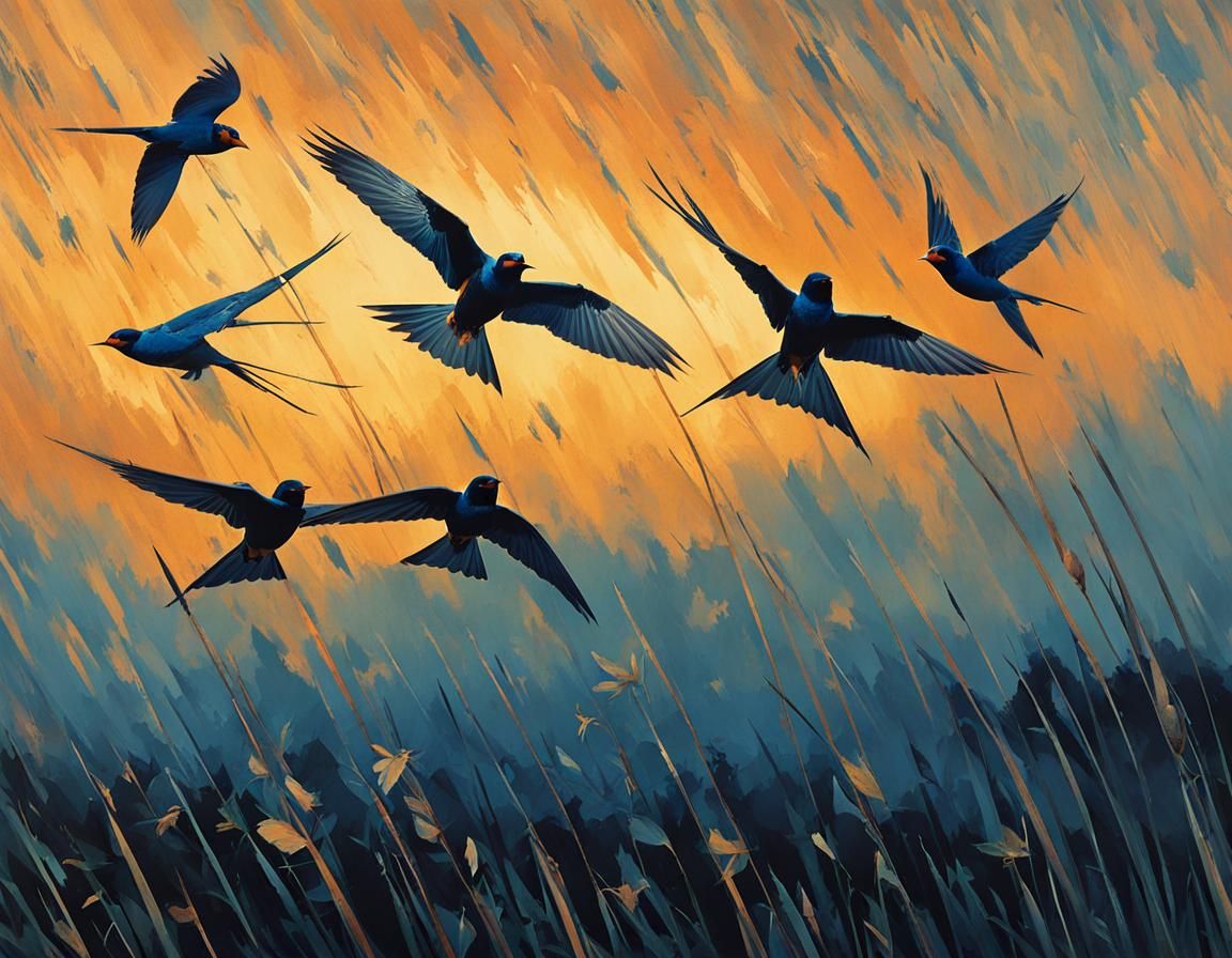 Artistic Flight of Barn Swallows in Storm