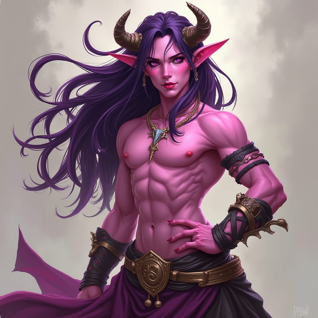 Androgynous Tiefling Bard Character in Vibrant Art Style