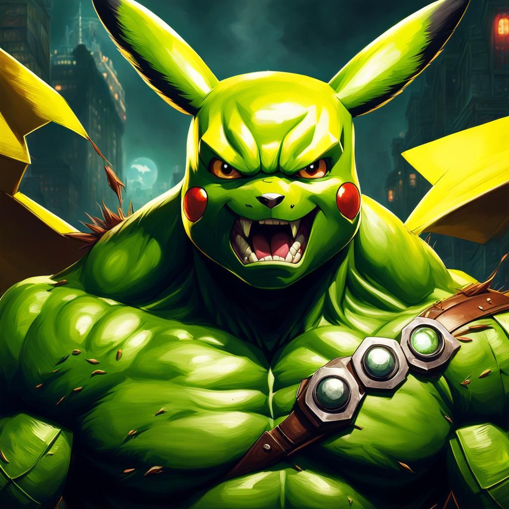 Fierce Hulk Pikachu Portrait in Dark Fantasy Style