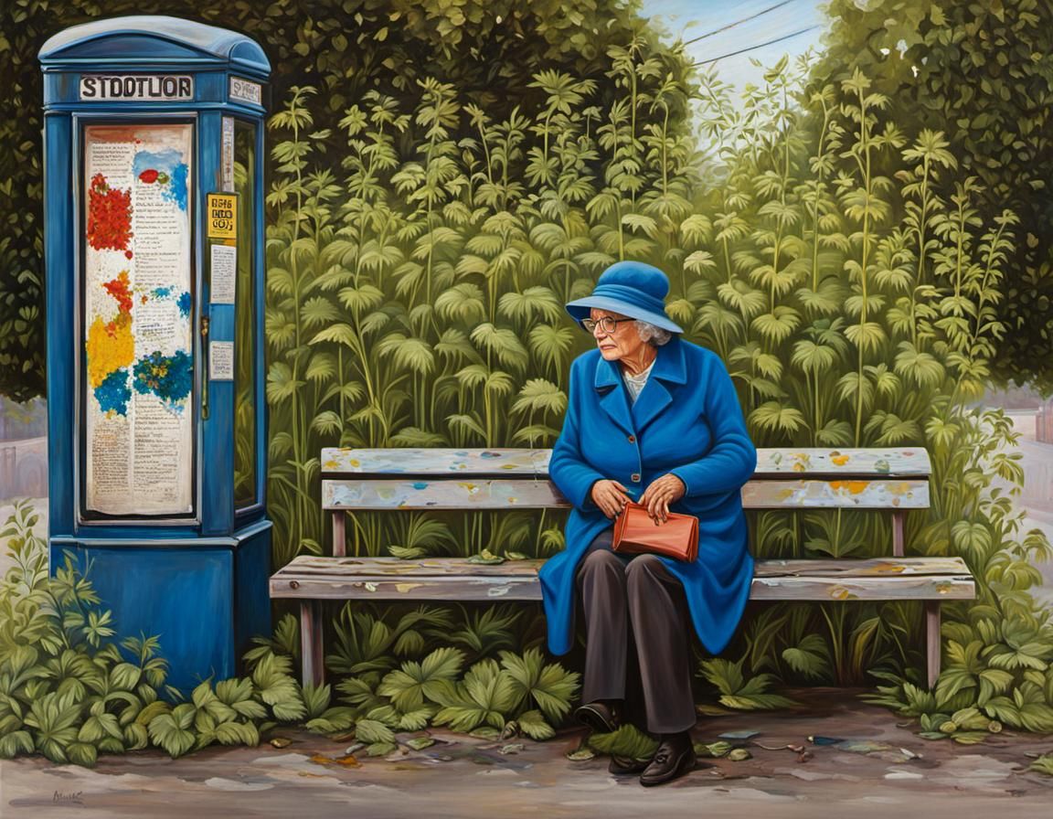 Emotional Oil Painting: Old Lady at Abandoned Bus Stop