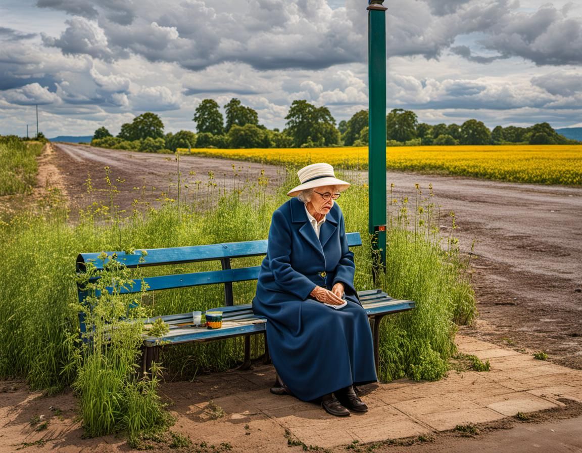 Emotional Oil Painting of Old Lady at Bus Stop