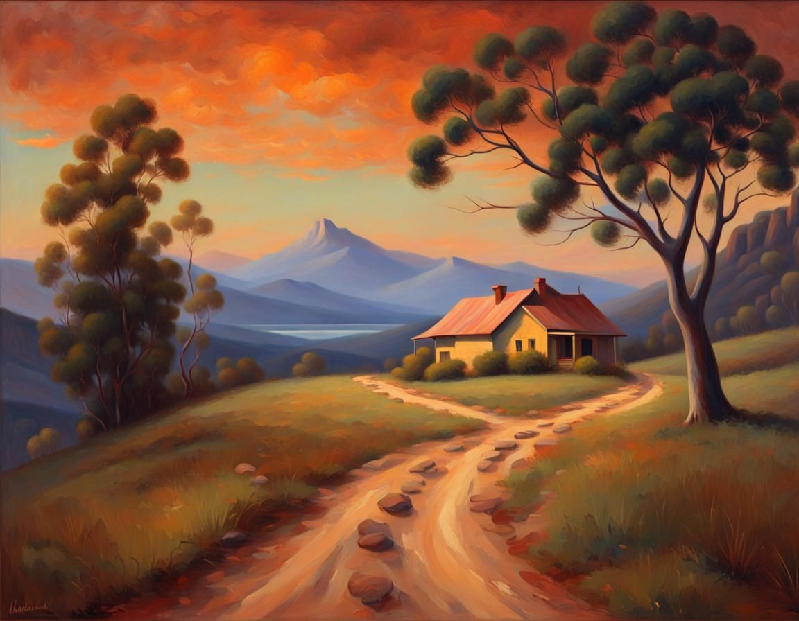 Australian Tonalist Landscape with House and Mountains
