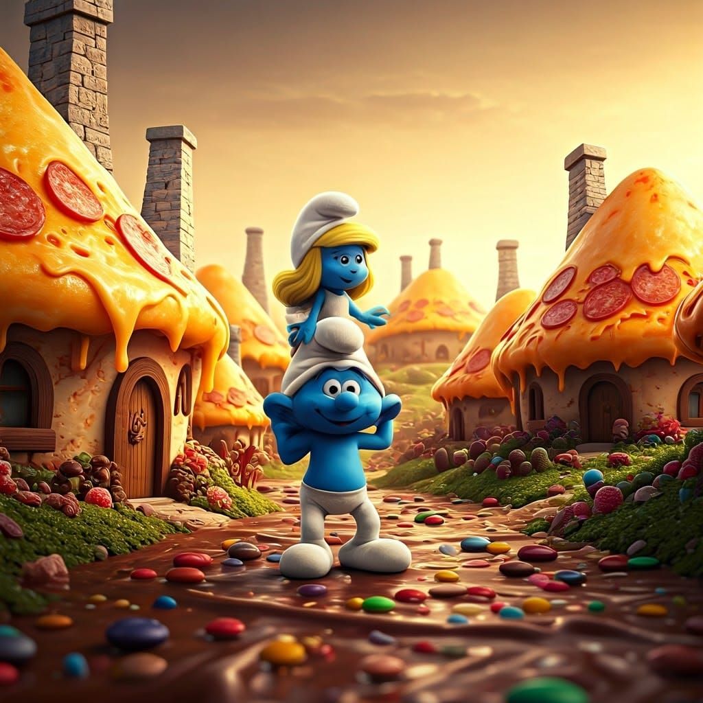 Smurf Village in Golden Light: A Whimsical Photograph