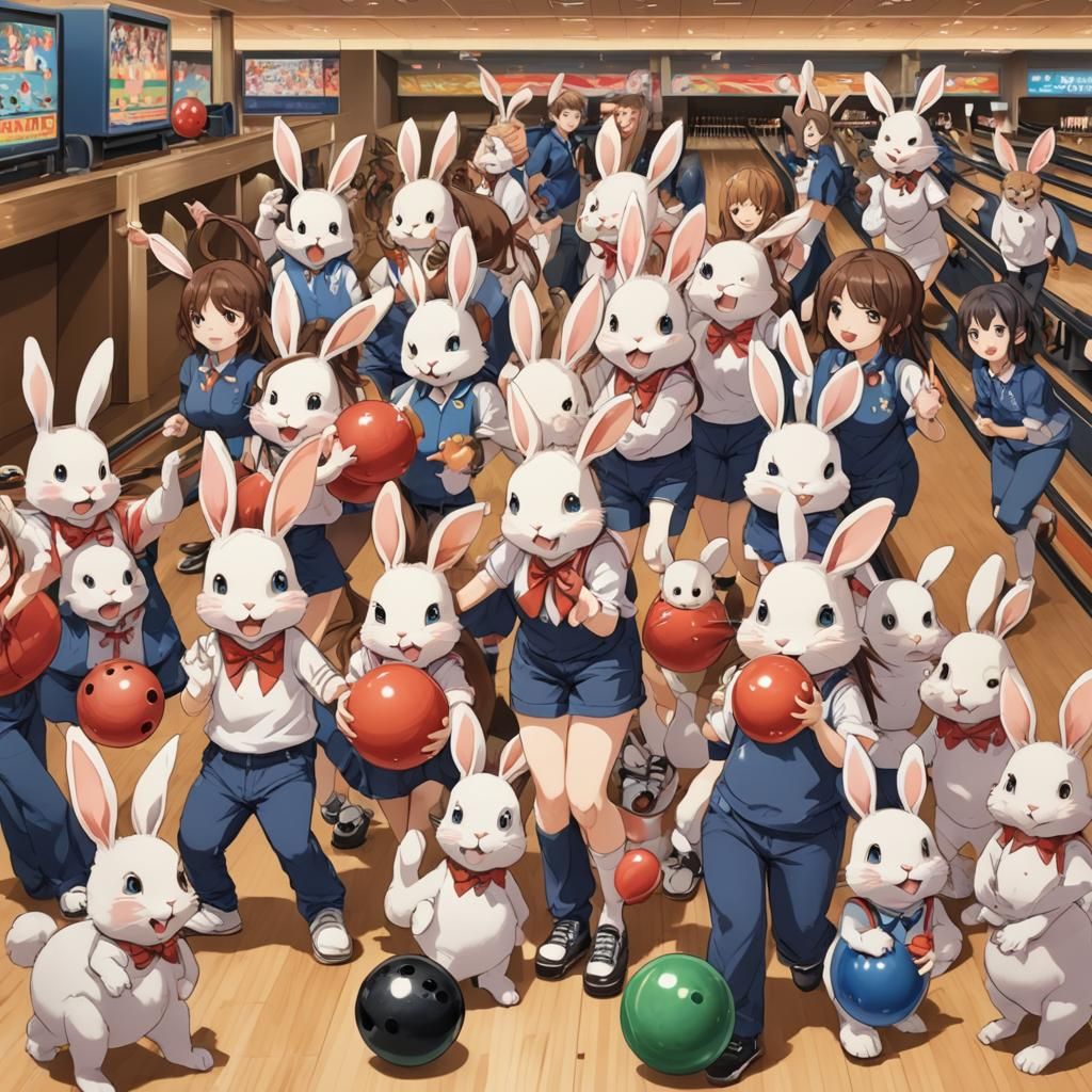 Anime Bunnies Bowling in Japanese Manga Style