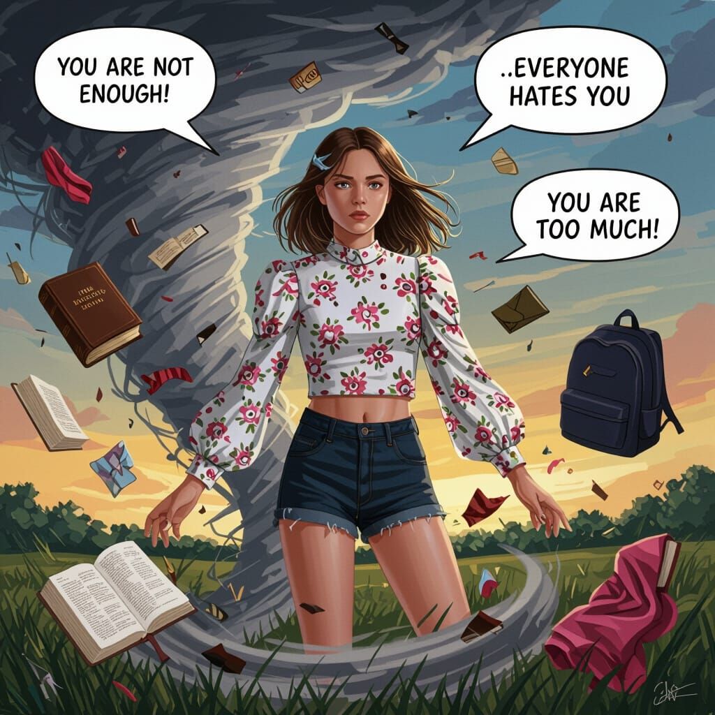 Teenage Girl in Tornado of Hurtful Words