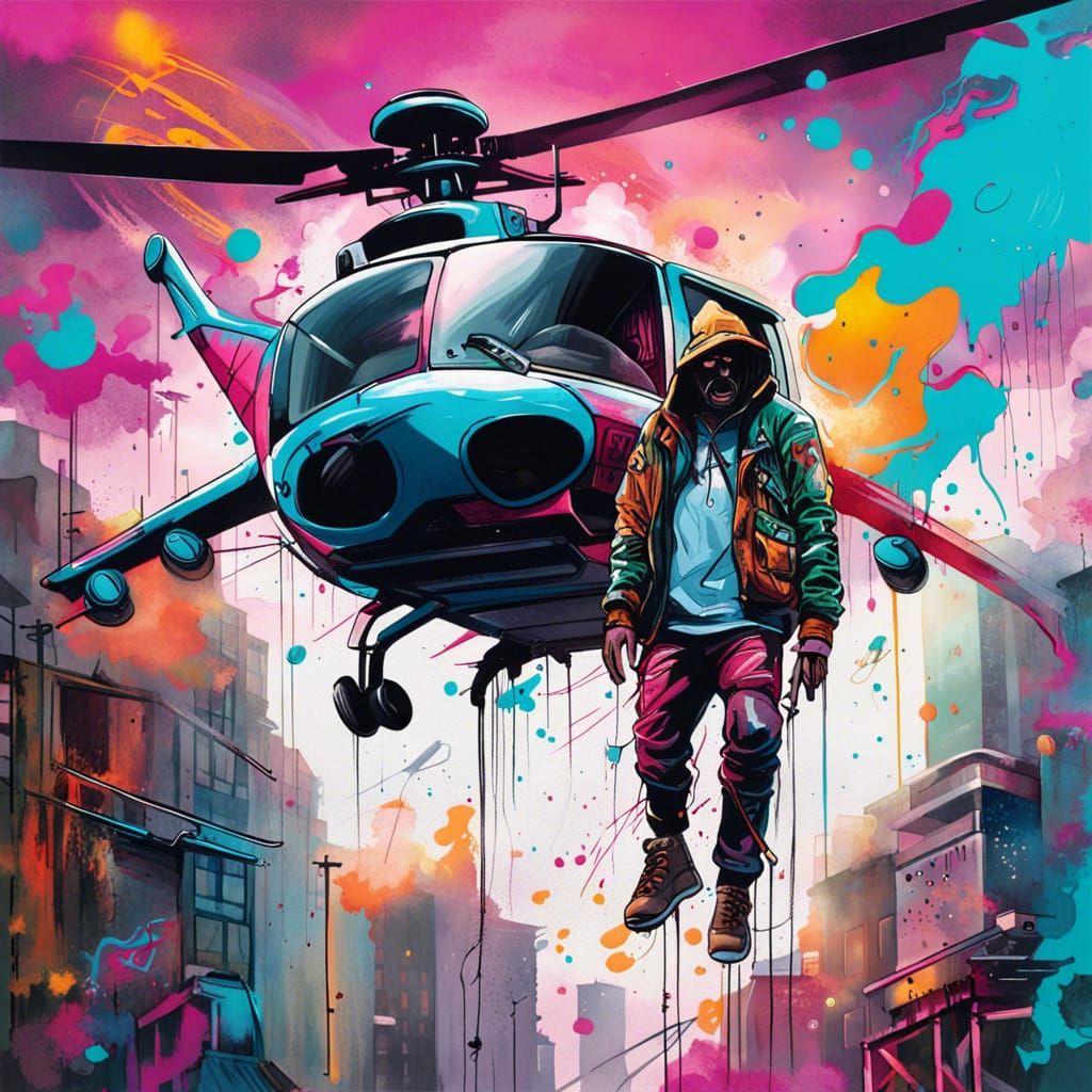 Assassin on Helicopter in Graffiti Street Art Style
