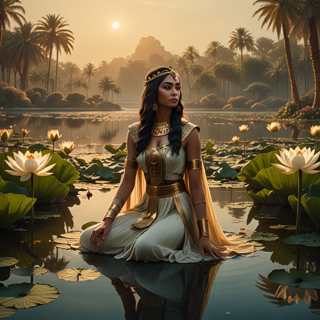 Egyptian Princess in a Serene Lotus Garden