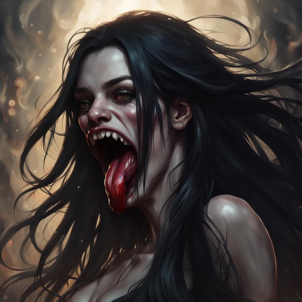 Menacing Demon Girl with Long Tongue, Dark Fantasy Art