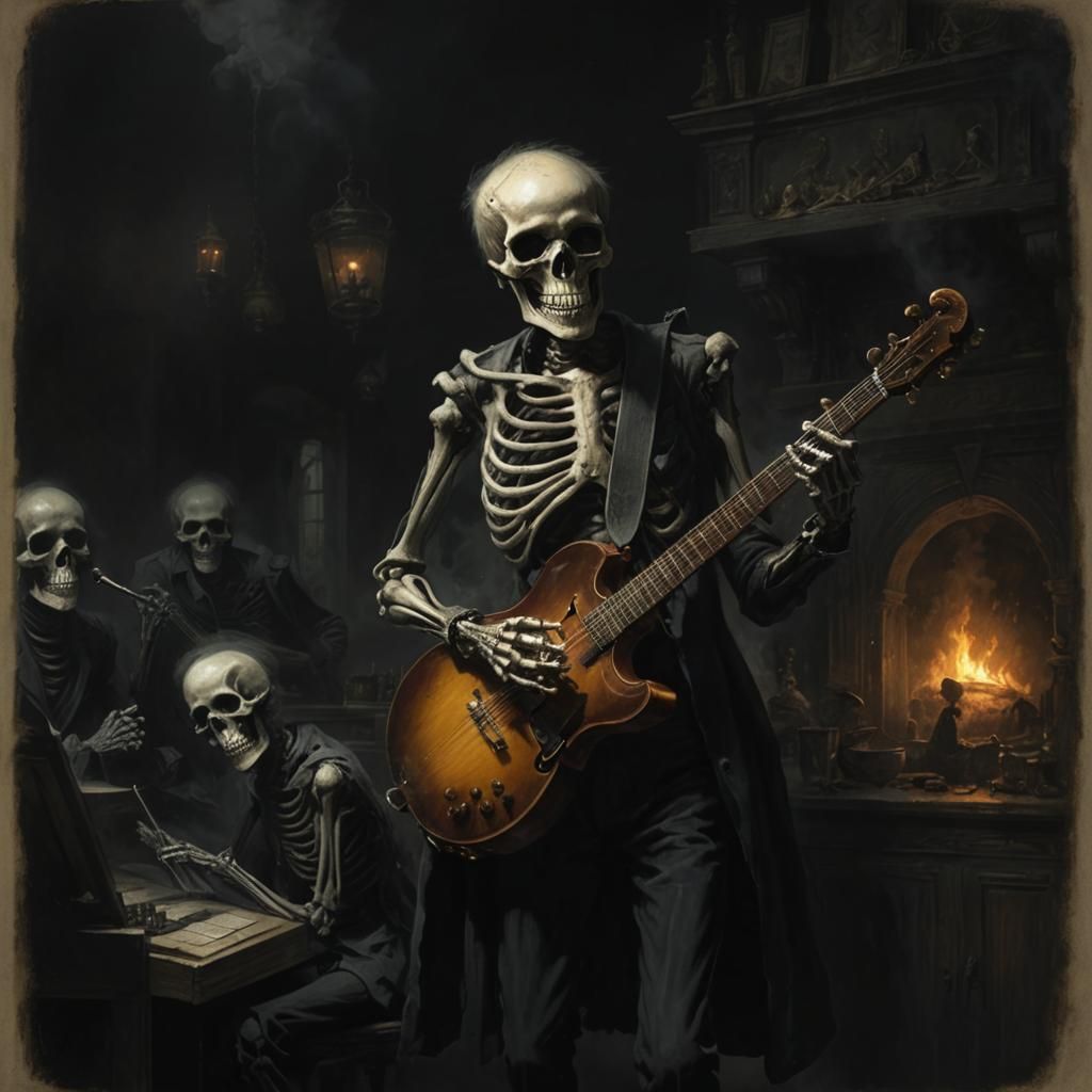 Skeletons Play Jazz in Smoky Bar, Gothic Horror