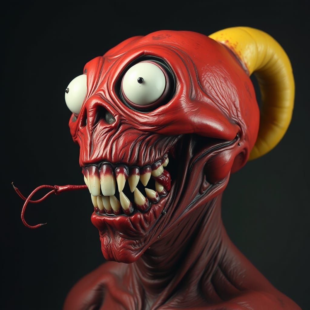 Grotesque, Red Lemon-Shaped Creature with Yellow Horn and Gl...
