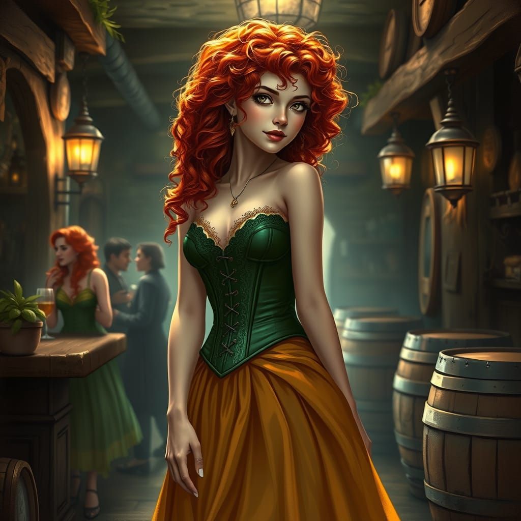 Confident Fantasy Maiden in Emerald Corset